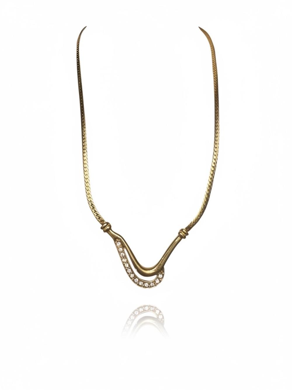 Vintage Gold Tone Rhinestone Modernist Herringbone Necklace
